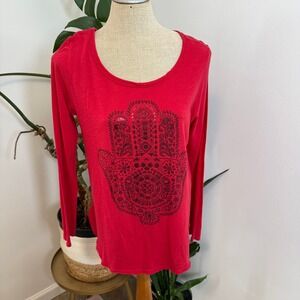 Lucky Lotus Hamsa Graphic Top Womens Medium Red Long Sleeve Scoop Neck Boho